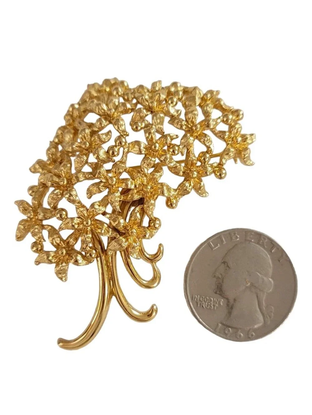 Monet Gold Tone Cluster Flower Bunch With Ribbon Bow Tie Brooch Pin, Signed K941